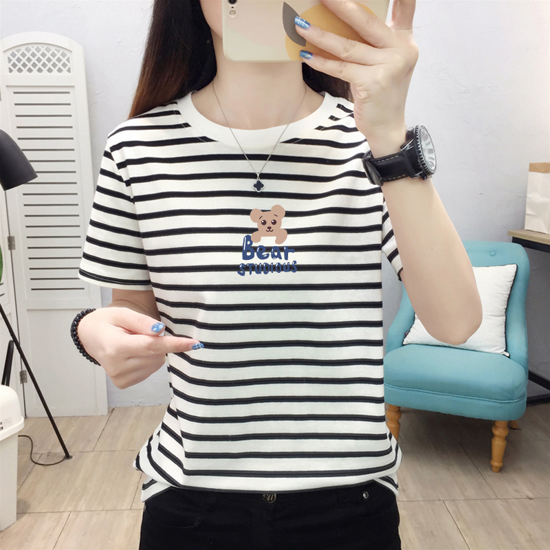 Pure Cotton Striped Short-Sleeved T-Shirt for Women 2026 Summer New Korean Style Loose Large Size Slimming Versatile Round Neck Top