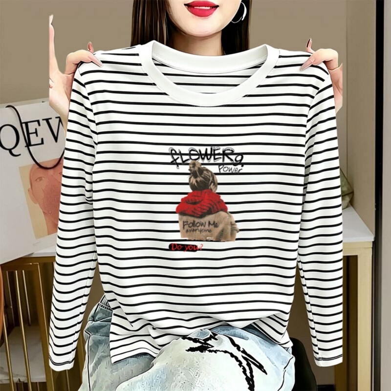 Spring and Autumn Striped Pure Cotton Plus-Size Long-Sleeve Women's Top 2026 New Style Loose Fit Tummy-Concealing Slimming Base Shirt for Plus-Size Women Spring and Autumn Striped Pure Cotton Plus-Size Long-Sleeve Women's Top 2026 New Style Loose Fit Tummy-Concealing Slimming Base Shirt for Plus-Size Women