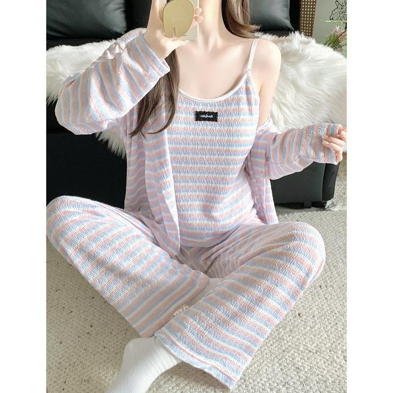 Striped Color-Block Three-Piece Pajama Set for Women with Chest Pads, 2026 Spring and Autumn Knitted Camisole, Long-Sleeved Top, Long Pants Loungewear Set