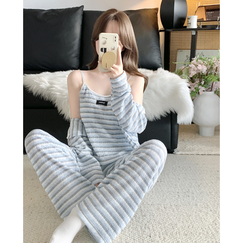 Striped Color-Block Three-Piece Pajama Set for Women with Chest Pads, 2026 Spring and Autumn Knitted Camisole, Long-Sleeved Top, Long Pants Loungewear Set