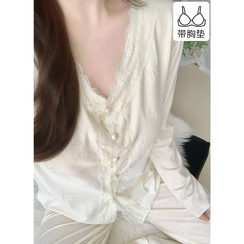 Long-Sleeved Pajamas with Breast Pads for Women 2026 New Autum Lace Pure Color Jacquard Cotton Home Wear Set Long-Sleeved Pajamas with Breast Pads for Women 2026 New Autum Lace Pure Color Jacquard Cotton Home Wear Set