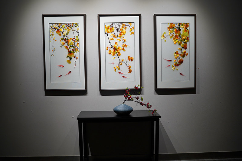 Вышивка Сучжоу 苏绣成品挂画三联银杏久鱼刺绣纯手工装饰画玄关走廊1到4丝可定制