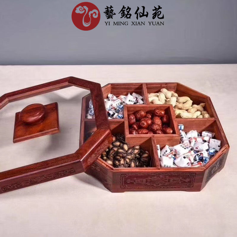Yiming Xianyuan blood sandalwood octagonal carved fruit box redwood fruit plate snack fruit platter home living room collection box