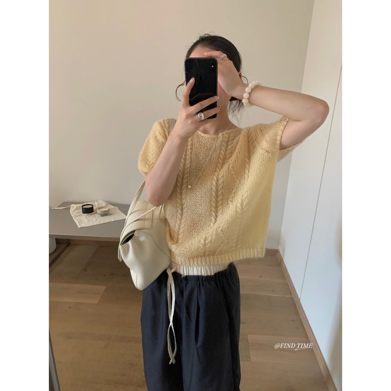 Mohair Round Neck Cable Knit Short-Sleeve Knit Top 2026 Early Autumn New Solid Color Sweet Soft Skin-Friendly Top