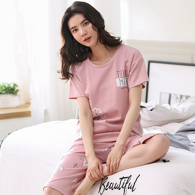 Bộ đồ ngủ cotton tinh khiết phụ nữ mùa hè quần cắt ngắn phù hợp với thời trang Hàn Quốc có thể mặc hoạt hình phụ nữ cotton mùa thu dịch vụ tại nhà - Cha mẹ và con