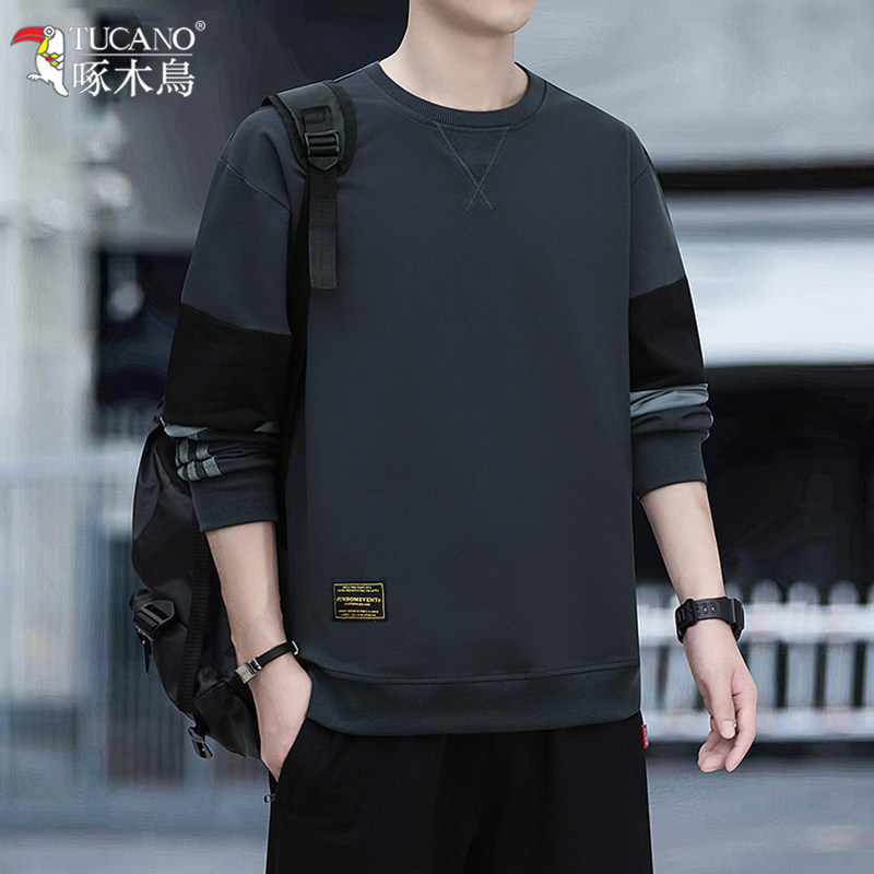 Woodpecker men's sweater plus velvet thickened casual long-sleeved t-shirt 2023 autumn and winter new men's tops