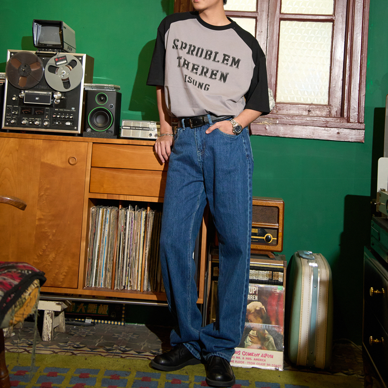 ins Korean Style Trendy Brand Straight-Leg Washed Vintage Dark Blue Denim Pants Simple Hong Kong Style Slimming Dad Pants for Men