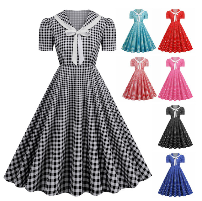 Hepburn-Style 80S Hong Kong Fashion Goddess Retro Plus-Size Women's Plaid Waist-Cinching Slimming Flared Mid-Length Dress
