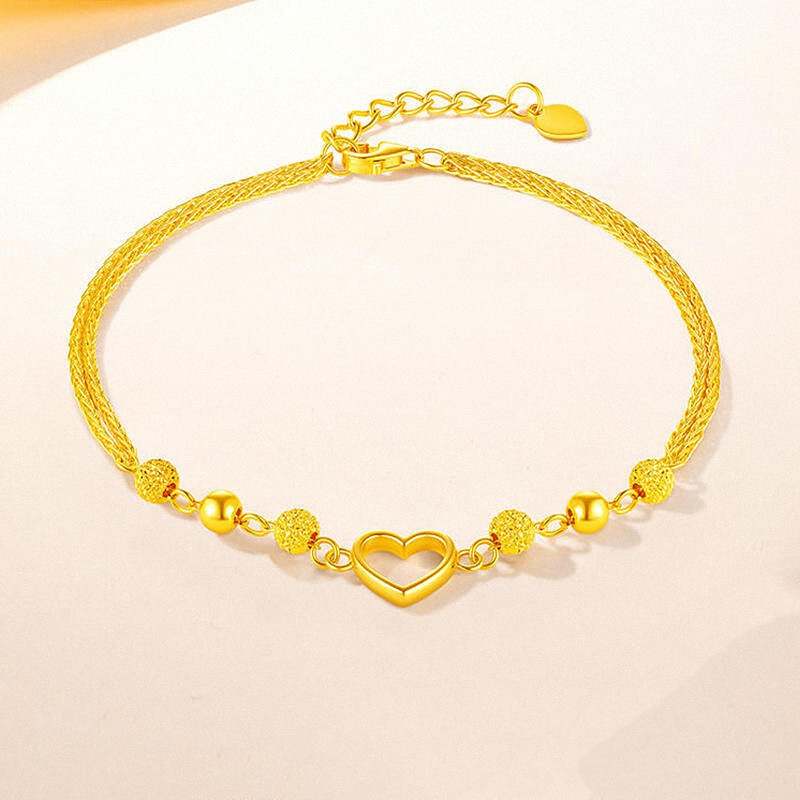 Small Gold Bead Double-Layer Bracelet for Women, Pure Silver Plated with 18K Gold Color, Heart-Shaped Love Bead Bracelet, Versatile and Elegant