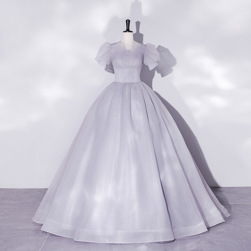 Princess on the Run Puff Sleeve Silver-Gray Elegant Tutu Skirt Engagement Runway Annual Party Wedding Dress Coming-Of-Age Ceremony Talent Show