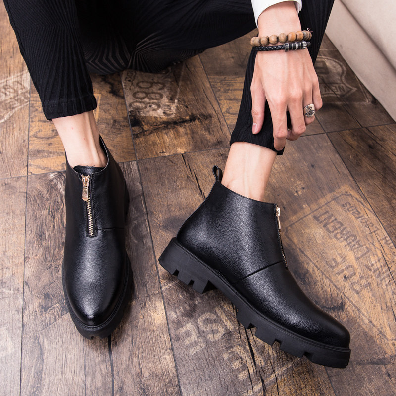 Inlen Men's High Cylinder Leather Shoes Pointed Casual Korean Version Martin Boot Men's Heightened Nightclub Men's Boots Hair Stylist Short Boots