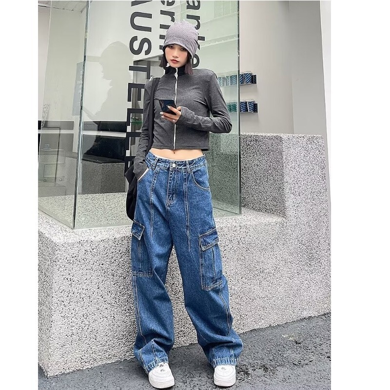 Retro American Style Hot Girl Street Dance Pocket Casual Pants Low-Waist Slimming Loose Straight-Leg Pants Floor-Length Denim Cargo Pants for Women