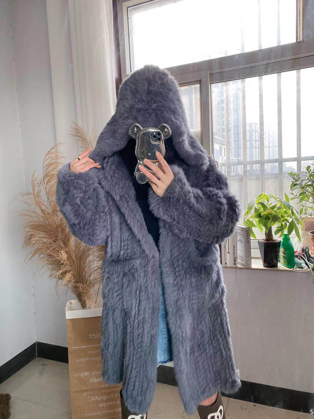 New imported otter rabbit weaves long coat of large rabbit warm and hat fur coat
