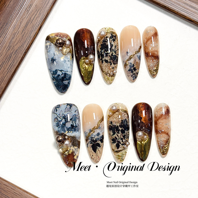 Meet Original Autumn and Winter Atmosphere Wearable Nail Art Oil Painting Gradient Retro Floral Three-Dimensional Pearl Light Luxury Handmade Manicure Meet Original Autumn and Winter Atmosphere Wearable Nail Art Oil Painting Gradient Retro Floral Three-Dimensional Pearl Light Luxury Handmade Manicure