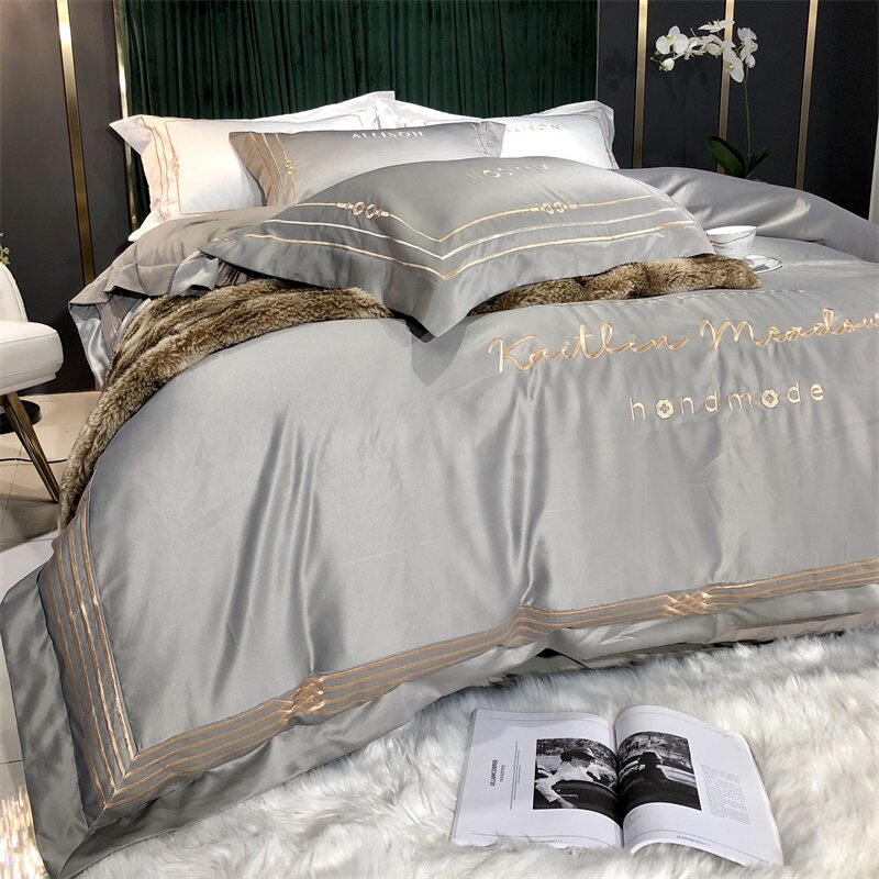 Nordic light luxury bed four-piece set ice silk silky quilt cover pure cotton cotton bed sheet simple modern fitted sheet satin surface