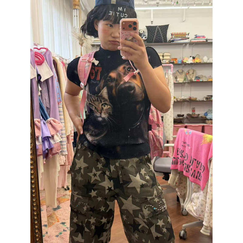 Autumnoxygen Original Design Plus-Size Cotton-Feel Thin Elastic Waist Camouflage Printed Cropped Pants with Dog Print and Rhinestones Autumnoxygen Original Design Plus-Size Cotton-Feel Thin Elastic Waist Camouflage Printed Cropped Pants with Dog Print and Rhinestones