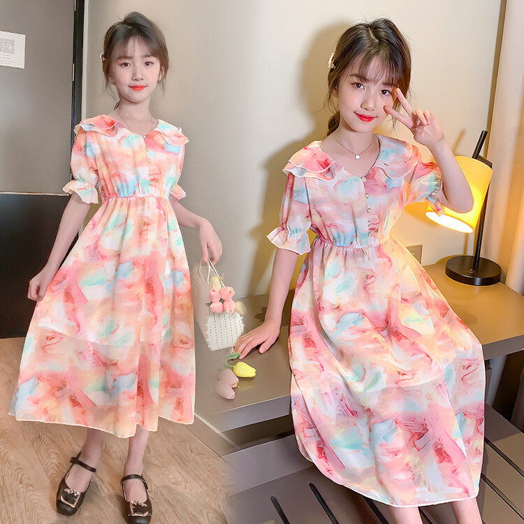 Girls' summer dresses New Western style middle-aged children's chiffon long skirts Versatile short-sleeved Korean version knee-length princess dresses