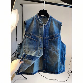 Fat sister's large size denim vest for early autumn layering