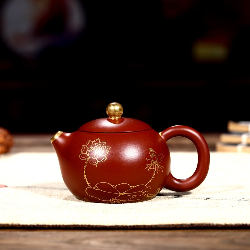 Yixing Purple Sand Pot Wang Ting Whole Handmade Raw Mine Big Red Robe Sketching Cassera Kinci Kutian home Gongfu Tea Carved Painting