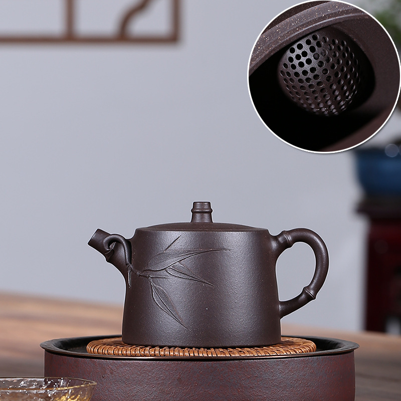 Lixing Purple Sand Pot Real Force Pie full handmade original mine Purple Clay Bamboo Leaves well column Lid Ball hole 250cc inner wall Chapter
