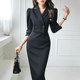 Suit fake two-piece skirt high-end sense royal sister style autumn and winter commuting women's dress light and mature long black dress