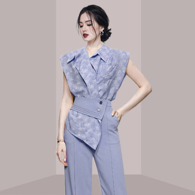 Commuter women's light and familiar suits High-end professional Hong Kong style printed shirts High waist wide-leg trousers Temperament Yujie style