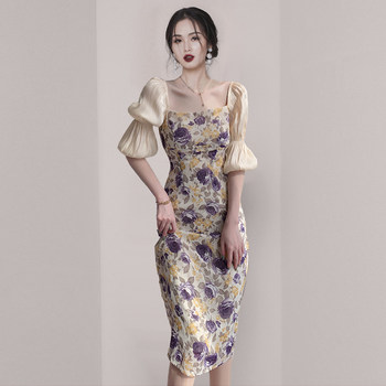 Taro Purple Empty Flower Dress Summer 2021 New French Square Neck Puff Sleeves Waist Slim Rose Long Dress