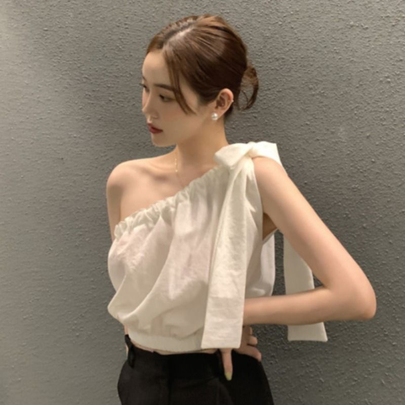 Korean Chic Summer French-Style Niche Design Pleated Asymmetrical Neckline Tie-Up Off-Shoulder Waist-Cinching Short Tank Top for Women Korean Chic Summer French-Style Niche Design Pleated Asymmetrical Neckline Tie-Up Off-Shoulder Waist-Cinching Short Tank Top for Women
