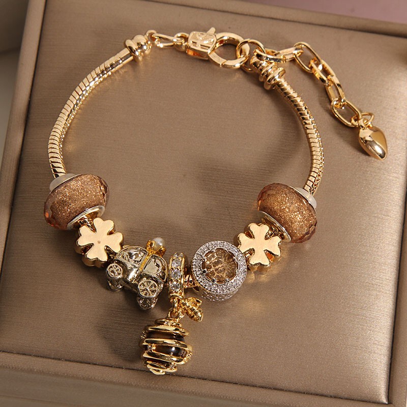 Pan-Style Rose Gold Bee Honeycomb Bracelet for Women, Crystal Bracelet for Students, Friendship Bracelet Gift