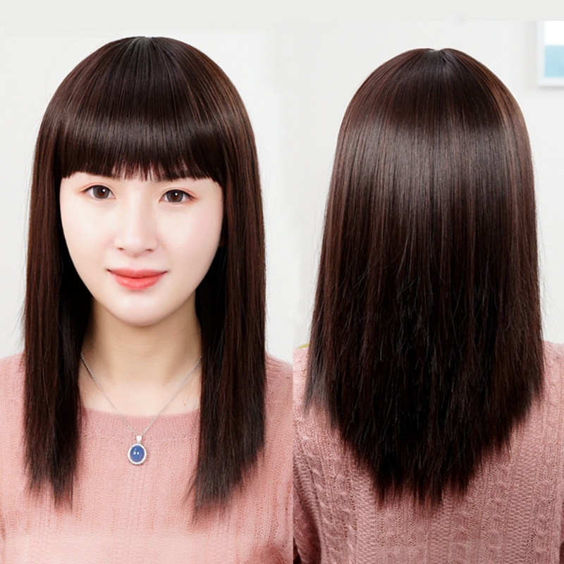 Wig female long hair natural full head Qi bangs long straight hair Realistic full head cover Middle-aged mother medium long hair wig set