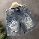 High street handsome men's denim shorts men's trendy American five-quarter pants 2025 summer new men's straight pants