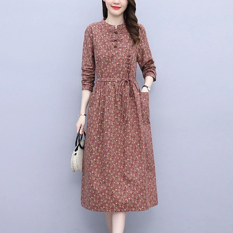 Mid-Length Floral Dress, Cotton and Linen Dress, 2026 Spring and Autumn, Waist-Cinching, Long-Sleeved, Elegant and Slimming Dress for Mothers, A-Line Dress Mid-Length Floral Dress, Cotton and Linen Dress, 2026 Spring and Autumn, Waist-Cinching, Long-Sleeved, Elegant and Slimming Dress for Mothers, A-Line Dress
