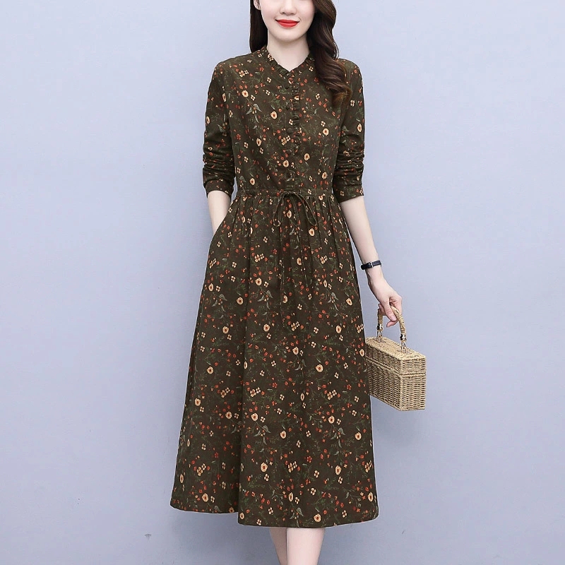 Long-Sleeved Cotton and Linen Dress for Women 2026 New Spring and Autumn Style, Elegant and High-End Luxury Brand Dress for Mothers
