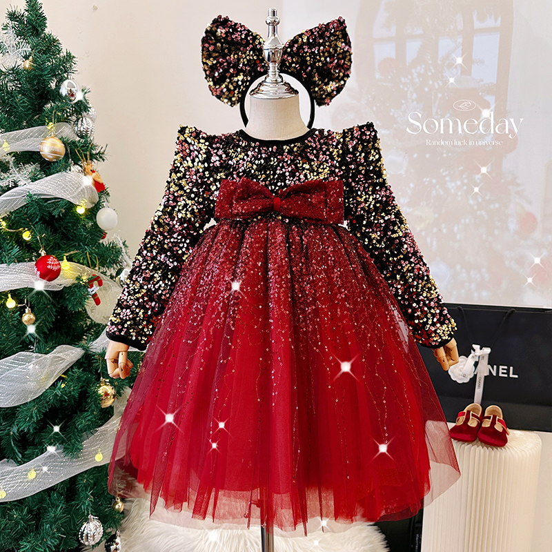 Girl Senior Lian Dress Autumn Winter Little Girl Christmas Birthday Gown Red Dress Children Bright Sheet Fluffy Dress-Taobao