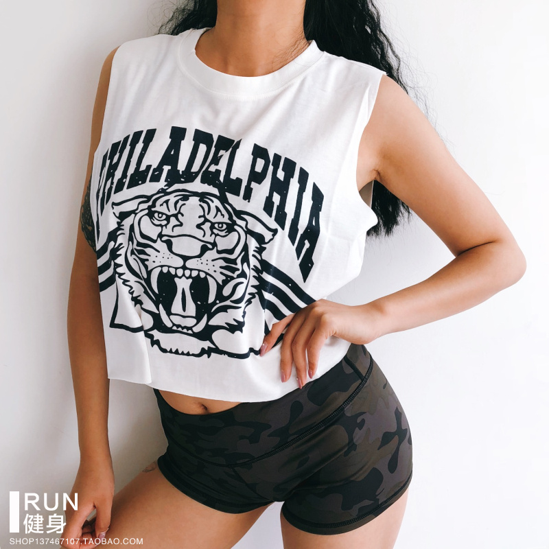 Fitness women's sports leisure running tiger pure cotton personality letter printing summer short open waist loose blouse vest