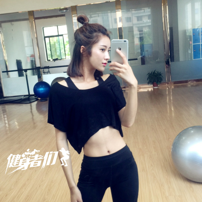 Exclusive fitness women's casual running loose short-sleeved T-shirt short open-waisted blouse color yoga suit sports