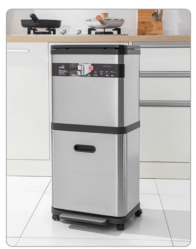 Stainless Steel Double-Layer Sliding Lid Trash Can with Press-Type Universal Wheels, Categorized for Home Storage, Kitchen Pedal Bin, No Need to Bend over
