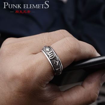 Rotatable titanium steel ring punk style retro engraved letter ring unisex ring