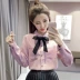 Áo sơ mi thu đông 2018 mới dành cho nữ Han Fan tay dài Slim cộng với áo nhung dày thắt nơ áo sơ mi