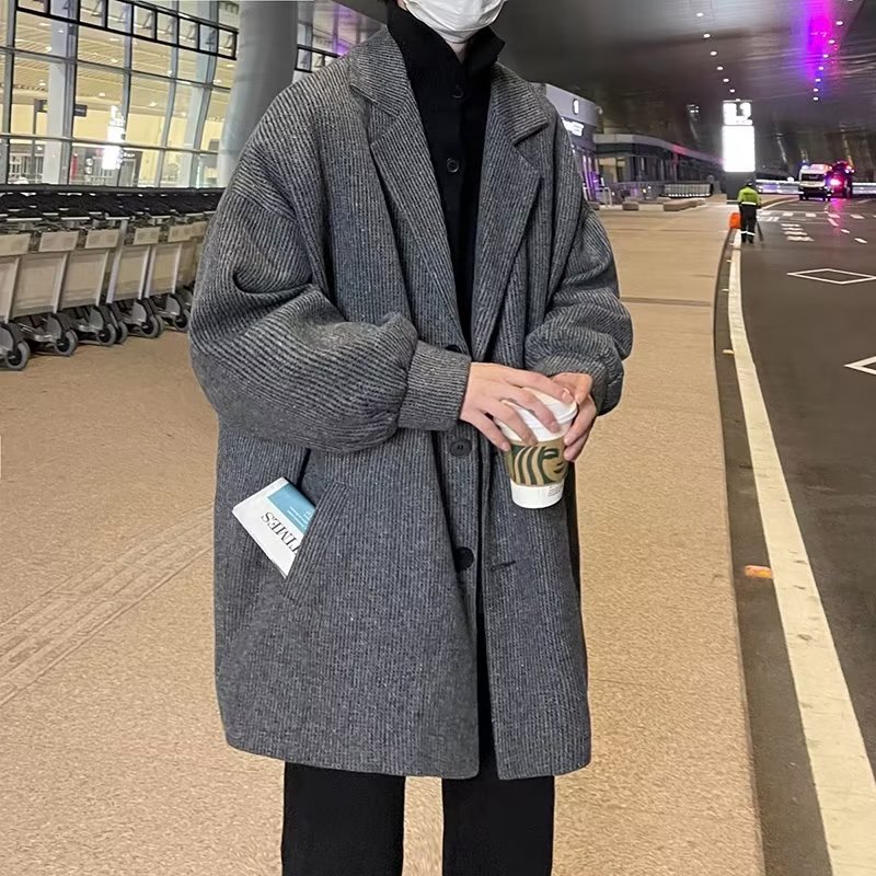 American-Style Corduroy Woolen Trench Coat for Men, Autumn and Winter, Thickened with Cotton, Mid-Length, Loose-Fitting Jacket, Trendy Brand Coat