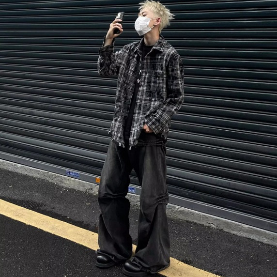 Washed Fringed Distressed Cleanfit Plaid Shirt Long-Sleeve Spring and Autumn Korean Heavy-Duty Niche Design Unisex Jacket
