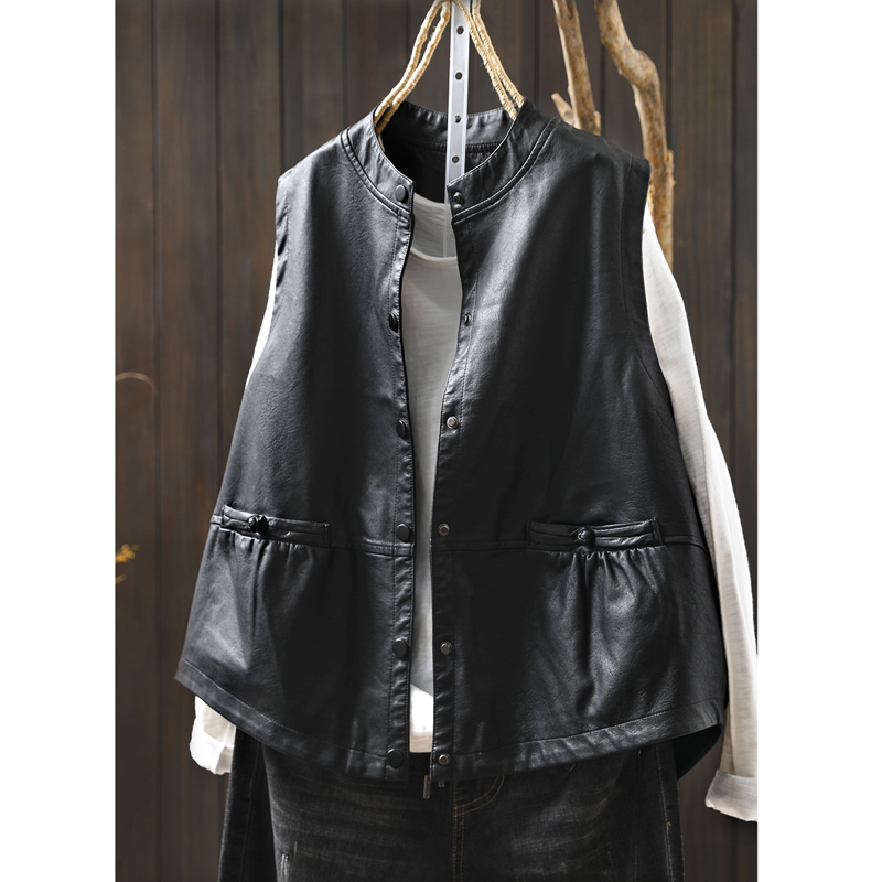 Autumn New Style Loose Stand-Collar Pu Vest for Women, Artistic Slim-Fit Sleeveless Jacket with Large Pockets, Short Leather Jacket