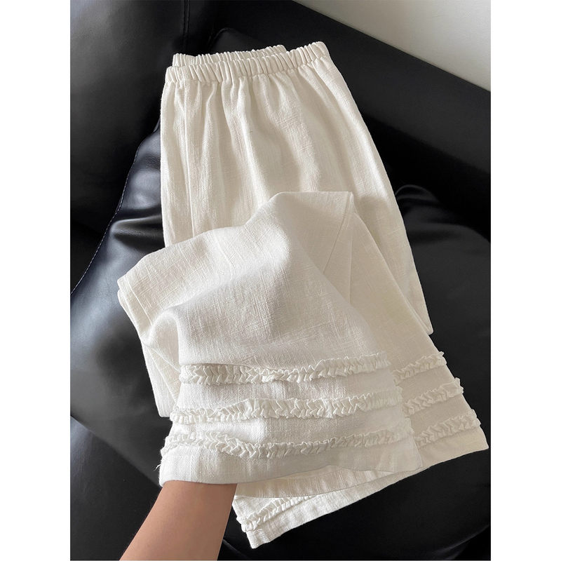 White Nine-Point Lace Trim Linen Straight-Leg Casual Pants for Women, Summer Thin Style, Plus Size, High-Waisted, Slimming, Loose Wide-Leg Pants