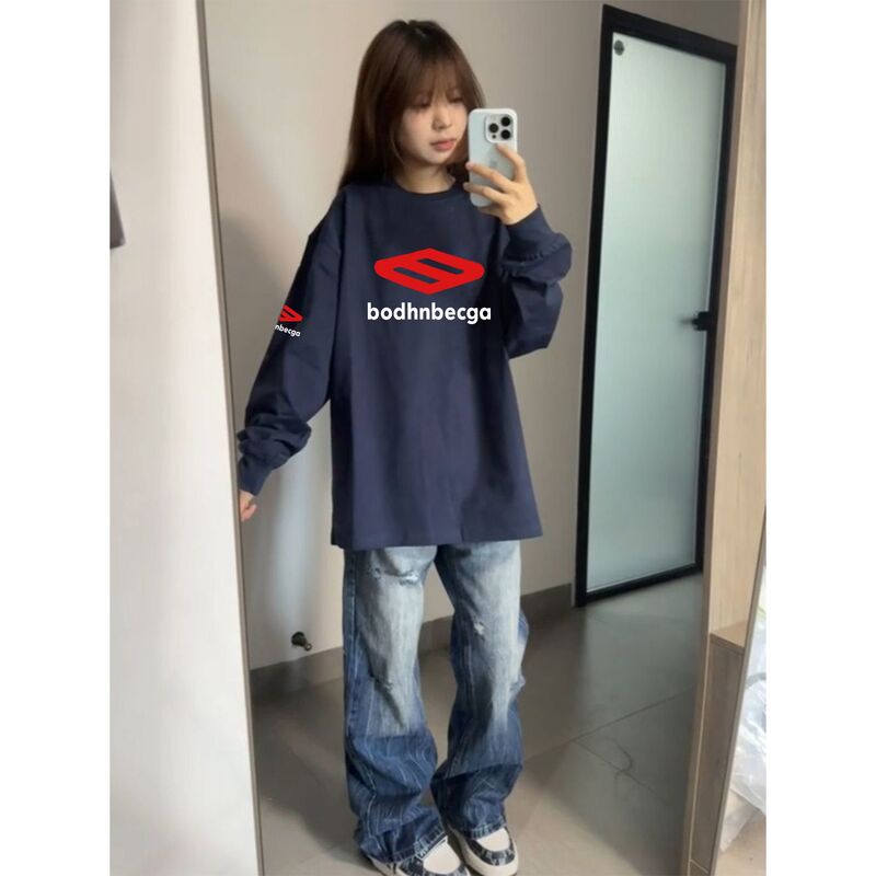 2025 Trendy Brand Autumn Letter Print New Long-Sleeve T-Shirt for Men and Women, 100% Pure Cotton, Loose Fit, Printed Student Outerwear Top, Trendy