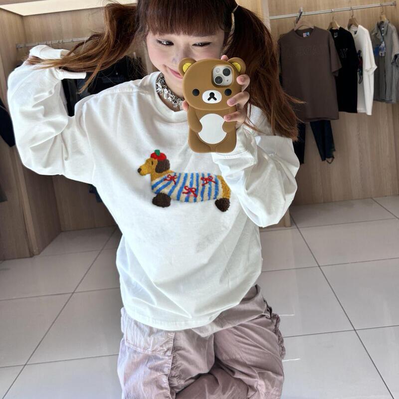 Towel Embroidery Patch Dachshund Puppy Long-Sleeve T-Shirt for Women, New Loose-Fitting Niche Design Pure Cotton Top for Spring, Autumn, and Winter Towel Embroidery Patch Dachshund Puppy Long-Sleeve T-Shirt for Women, New Loose-Fitting Niche Design Pure Cotton Top for Spring, Autumn, and Winter
