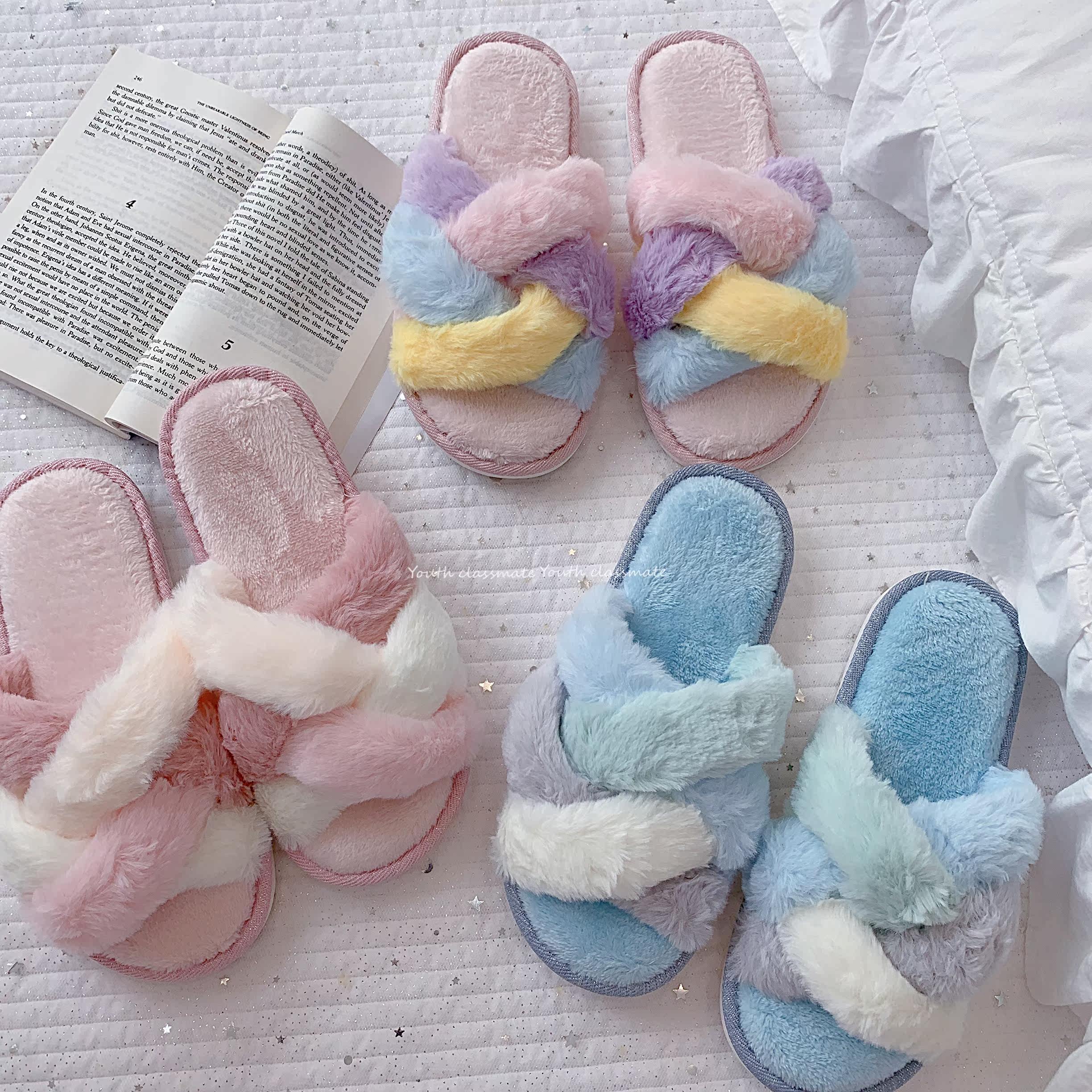 Sweet Cream Rainbow Cross Lady Home Slippers Autumn winter Indoor thick bottom Warm Home Shoes Women External Wear