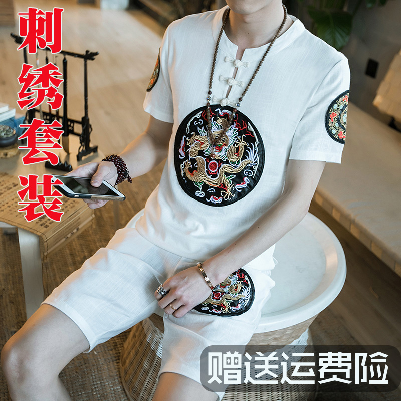 夏季复古中国风男装青年唐装短袖棉麻套装盘扣刺绣龙袍大码服装男