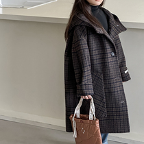 Autumn and winter new childrens British style small plaid hooded wool double-sided woolen coat medium-length small children