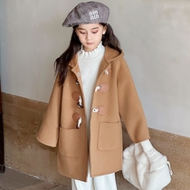 Girls Autumn and Winter Handmade Woolen Coats Little Girls Hooded Croissant Button Wool Double-Sided Woolen Coat Mid-Length