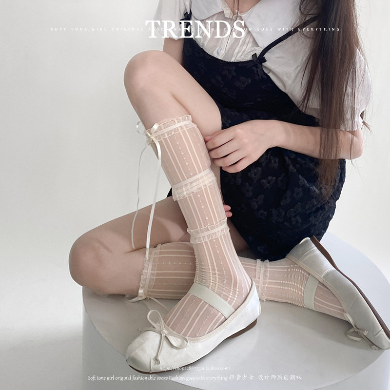 Sweet and alluring ballet style! Lace-trimmed, bow-adorned mesh calf socks, thin Japanese Lolita style mid-calf socks.